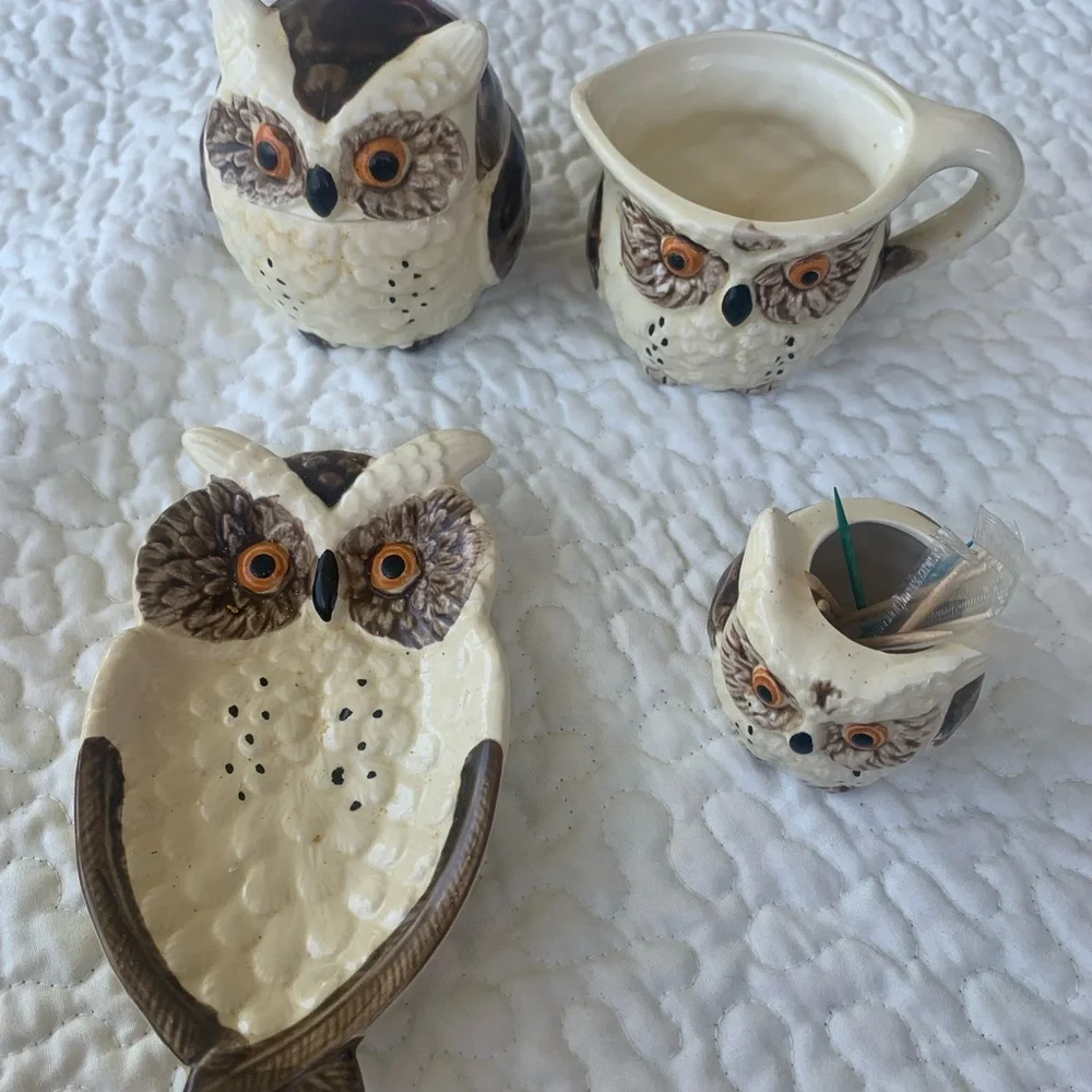 Ceramic Owl Tableware Set spoon, rest, toothpick holder, cream& sugar with lid. - Picture 2 of 10